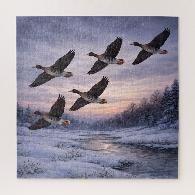 Gänse bei Winteruntergang Puzzle (Vertikal)