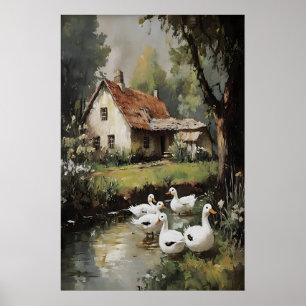 Gänse im Dorf Frühlingsdruck, Digitale Malerei Poster