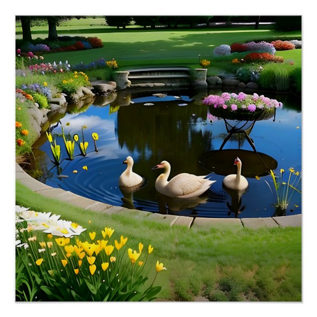 Gänse im Teich mit Blume und Gras Poster (Vorderseite)