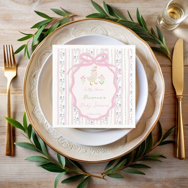 Gänse-Kinderreim rosa Mädchen-Baby-Party individue Serviette (Goose nursery rhymes pink bow ribbon preppy girls baby shower custom napkins personalized decor)