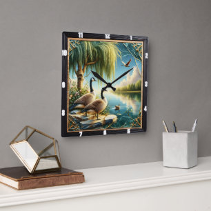 Gänse und Enten Willow Geese Rustic River Quadratische Wanduhr