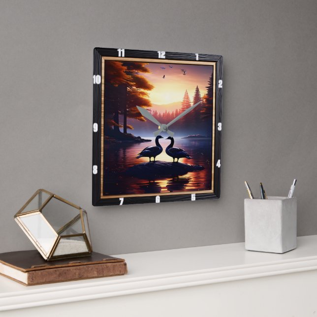 Gänse und Lakeside Enten Rustikal Quadratische Wanduhr (Büro)