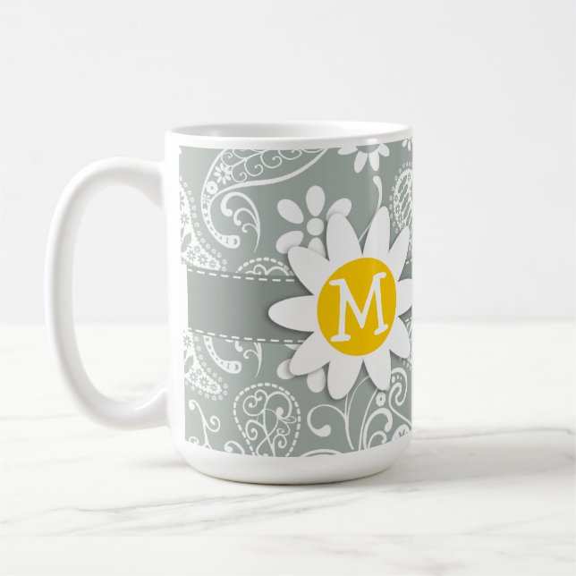 Gänseblümchen auf Aschen-Grau; Graues Paisley Tasse (Links)