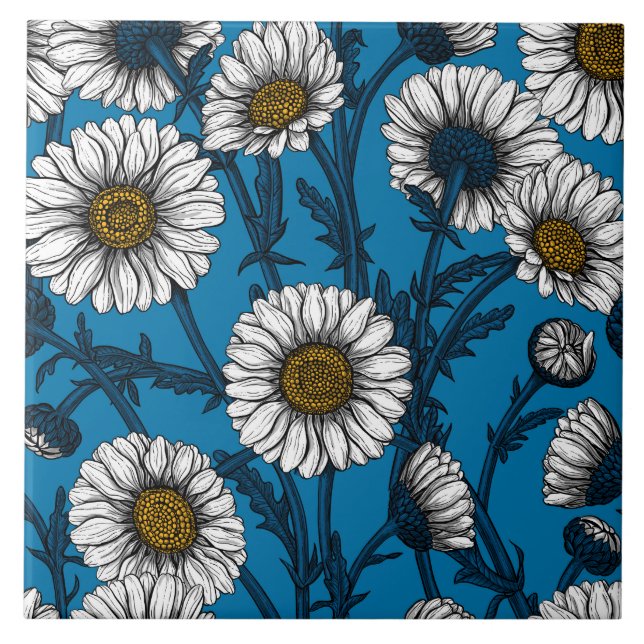 Gänseblümchen auf Blau Fliese (Vorderseite)