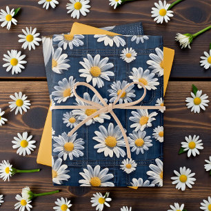 Gänseblümchen auf blauem Denim-Geburtstag Geschenkpapier Set