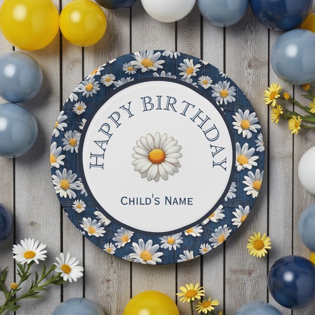 Gänseblümchen auf blauem Denim-Geburtstag  Pappteller (Von Creator hochgeladen)
