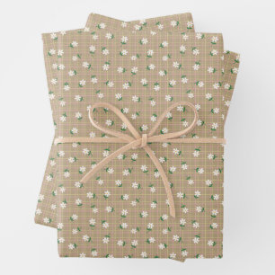 Gänseblümchen auf braunem Karo (kleine Struktur) Geschenkpapier Set