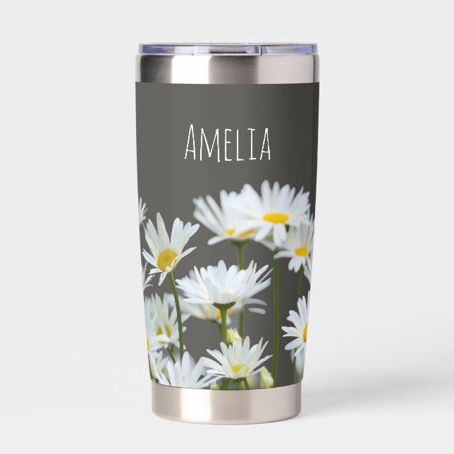 Gänseblümchen auf Grau Personalisiert Thermobecher (Vorderseite)
