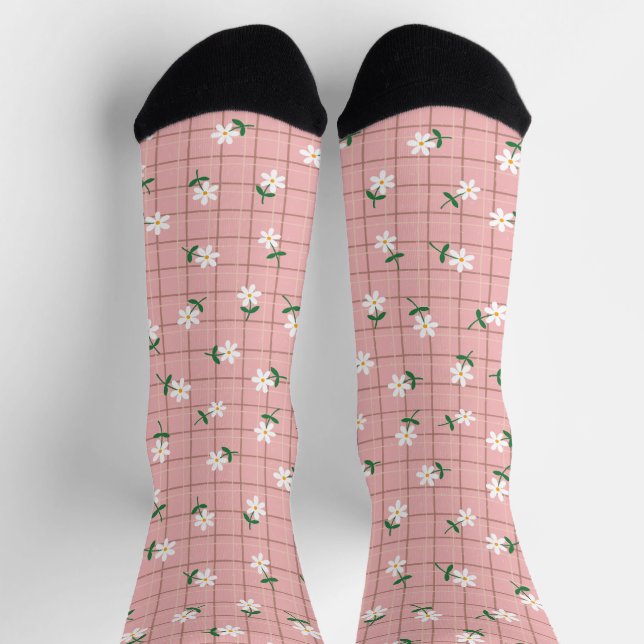 Gänseblümchen auf Karo (großflächig) Rosa Socken (Oben)