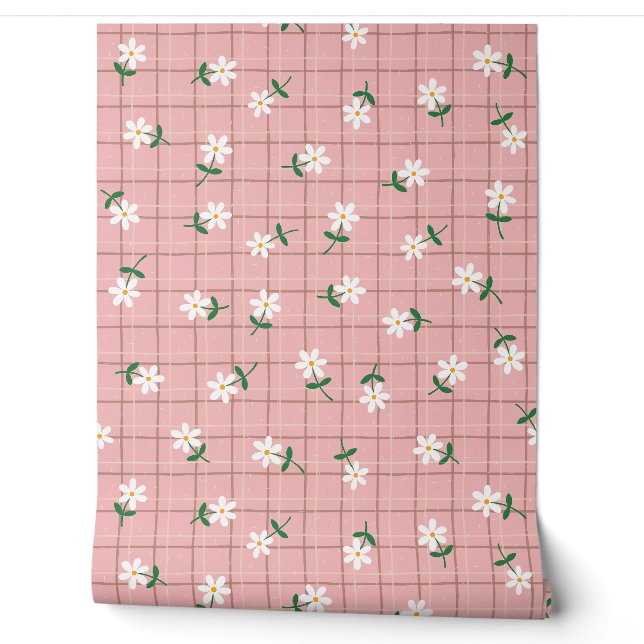 Gänseblümchen auf rosa Karo (großer Maßstab) Tapete (Abrollen)
