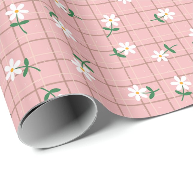 Gänseblümchen auf rosa Karo (großes Format) Geschenkpapier (Rolleneckpunkt)