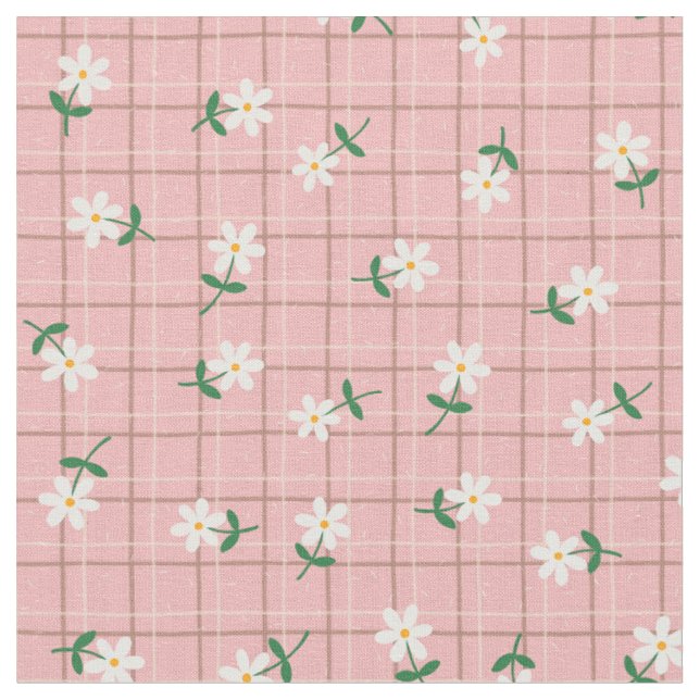 Gänseblümchen auf rosa Karo (kleine Größe) Stoff (Nahaufnahme)