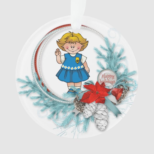 Gänseblümchen-blondes Haar-blauer Kiefern-Kranz Ornament (Vorderseite)