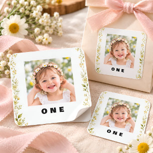 Gänseblümchen-Blumen-Foto 1. Geburtstags-Geschenka Quadratischer Aufkleber