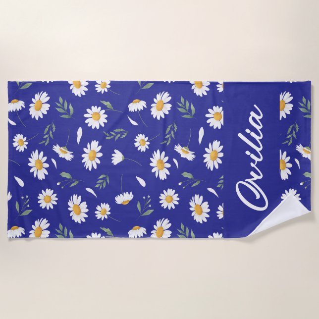 Gänseblümchen-Blumen-Katharinenblau-Monogramm-Stra Strandtuch (Vorderseite)
