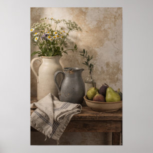 Gänseblümchen, Feigen und Steinzeugkrüge Poster