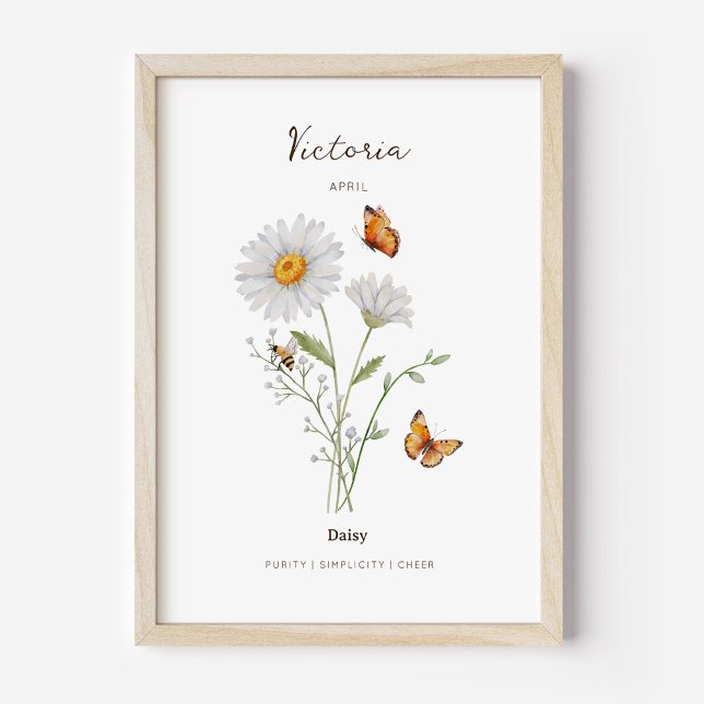 Gänseblümchen-Geburtsmonats-Blumenposter Poster (Example of daisy birth flower poster once framed. )