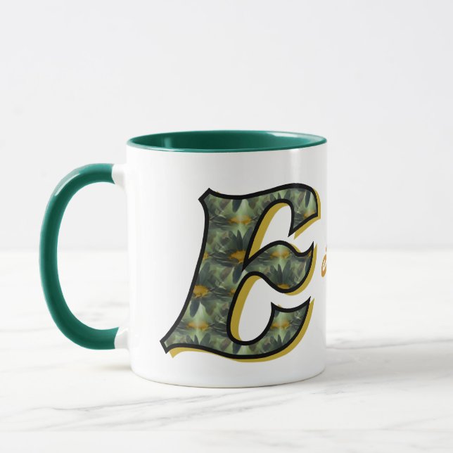 Gänseblümchen-Monogramm Anfangsbuchstabe E Persona Tasse (Links)