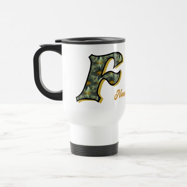 Gänseblümchen-Monogramm Anfangsbuchstabe F Persona Reisebecher (Links)