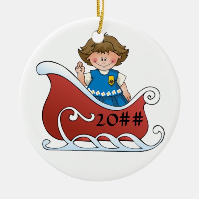 Gänseblümchen-Pfadfinder-Schlitten brünett Keramik Ornament (Vorne)