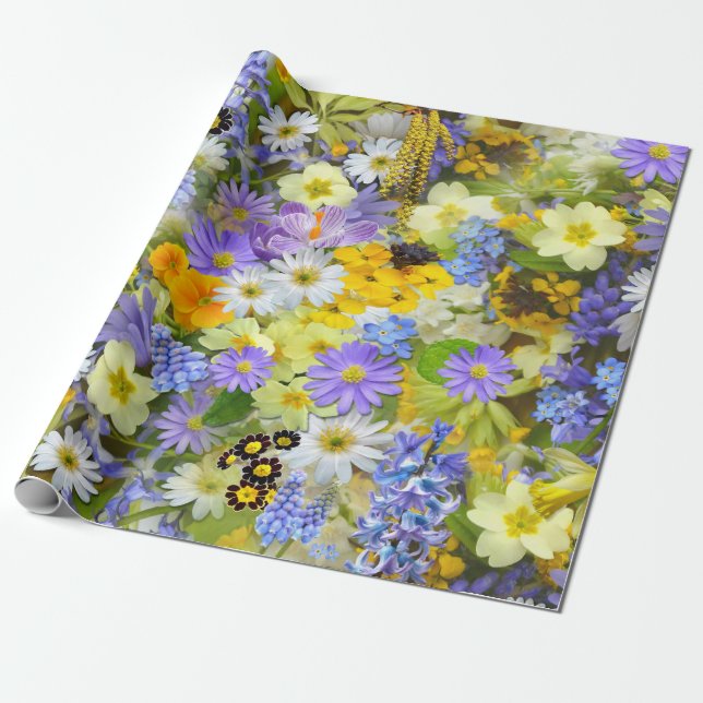 Gänseblümchen, Primel, Osterglocken Blumen Geschenkpapier (Ungerollt)