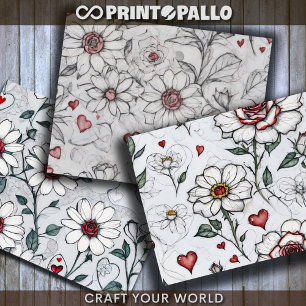 Gänseblümchen, Rosen mit kleinen roten Herzen für Geschenkpapier Set