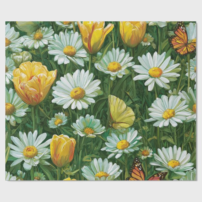 Gänseblümchen, Tulpen und Schmetterlinge Geschenkpapier (Flach)