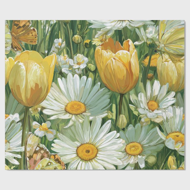 Gänseblümchen, Tulpen und Schmetterlinge Geschenkpapier (Flach)