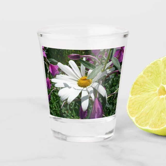 Gänseblümchen und Weidenröschen Wildblume Schnapsglas (Vorderseite)