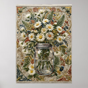 Gänseblümchen- und Wildblumenstrauß in gesticktem  Poster