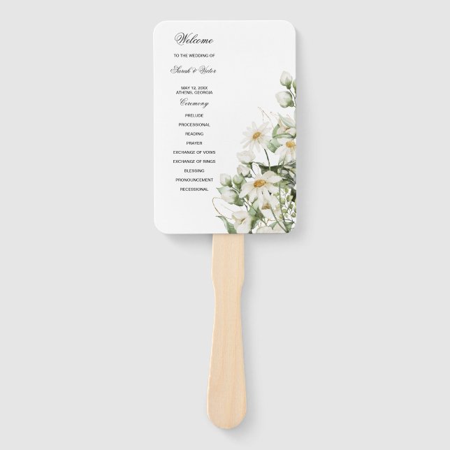 Gänseblümchen-Wildblumen-Boho-Hochzeitsprogramm-Ha Fächer (Vorderseite)