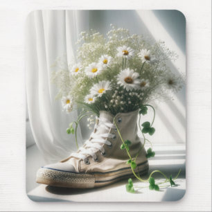 Gänseblümchenstrauß in einem weißen Sneaker Mousepad