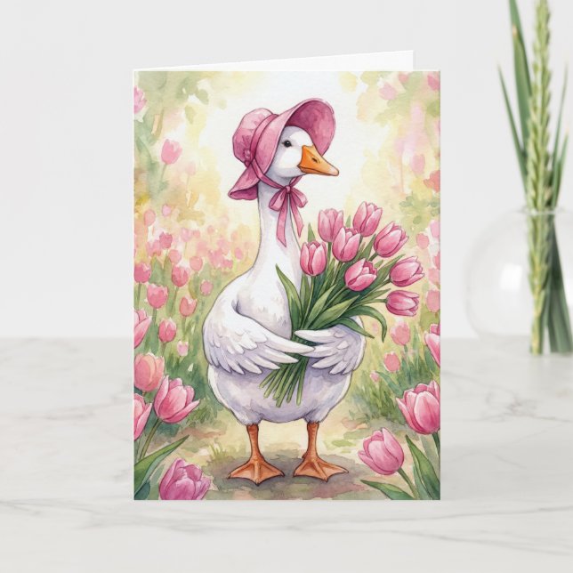Gänsemutter mit rosa Tulpen Karte (Vorderseite)