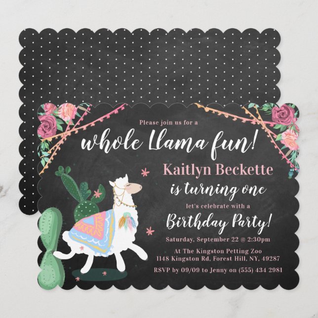 Ganz Lama Spaß! Party Einladung zum 1. Geburtstag (Vorne/Hinten)