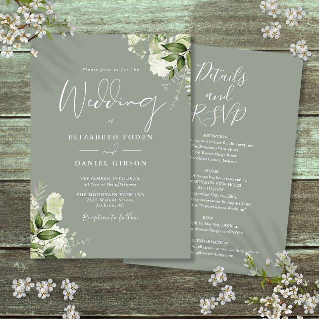 Ganze Grün-Blumenzwiebeln auf einer Seite Einladung (All In One Sage Green Greenery Floral Wedding Invitation)