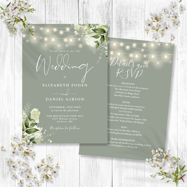 Ganze in einem Schritt grüne String-Lichter Blumen Einladung (All In One Sage Green String Lights Floral Wedding Invitation)