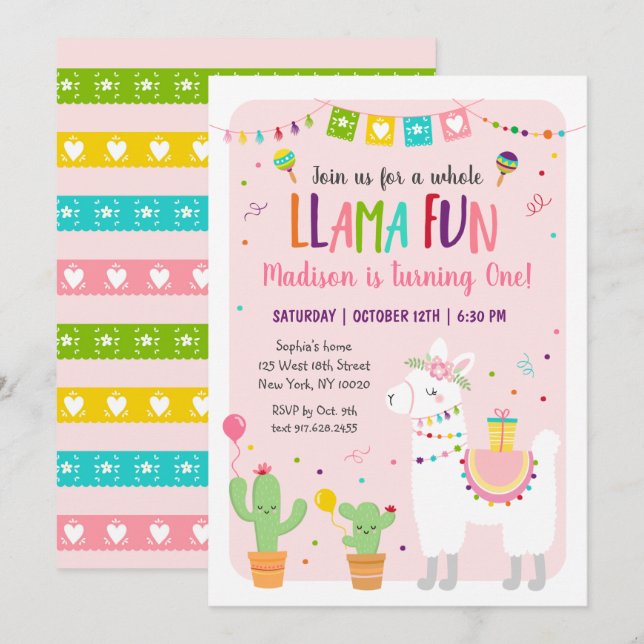 Ganzer Llama Fun Fiesta Cactus Birthday Einladung (Vorne/Hinten)