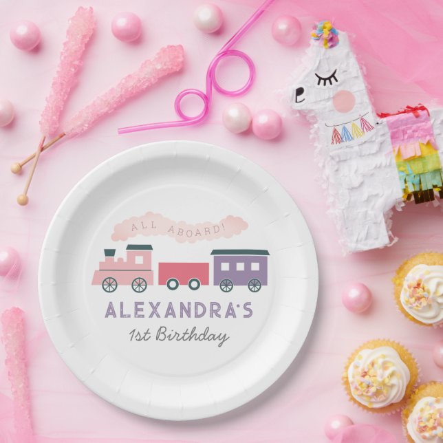Ganzes Abo Steam Train Pink Girl Geburtstag Pappteller (Party)