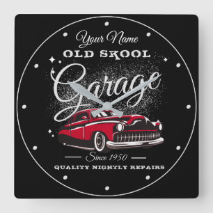Garage Alte Schule Ihr Name Low Rider Vintage Car Quadratische Wanduhr