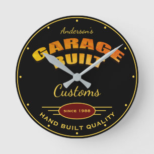 Garage Built Customs Black Any Name Date Runde Wanduhr