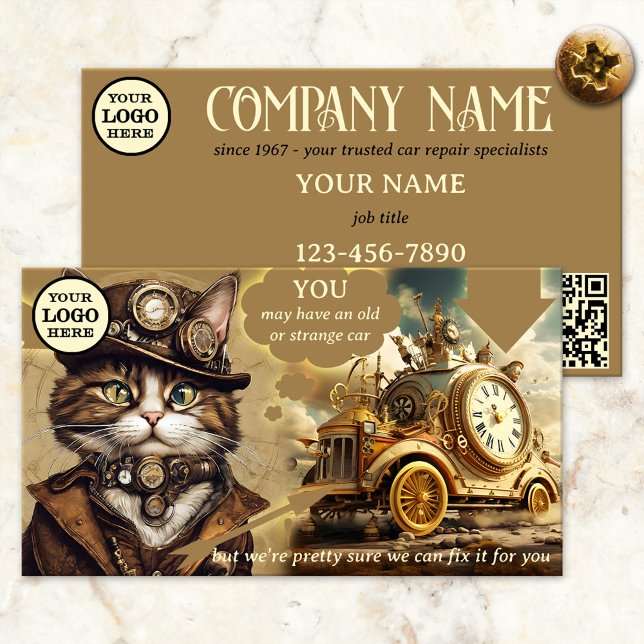 Garage für die Reparatur von Autos Visitenkarte (Business card showing a funny and whimsical design with an image of a steampunk cat with odd vehicle)