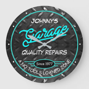 Garage für jeden Namen Türkis auf Diamantplatte  Große Wanduhr
