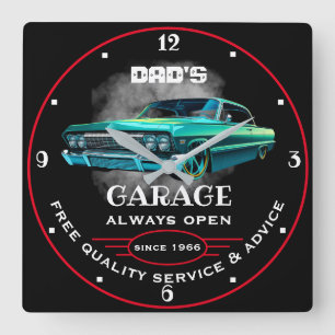 Garage Jeder Name immer öffnen Slogan Grün Auto Quadratische Wanduhr