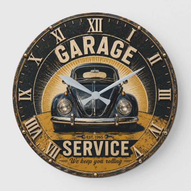 Garage Service Classic Beetle Mechanic Workshop  Große Wanduhr (Vorderseite)