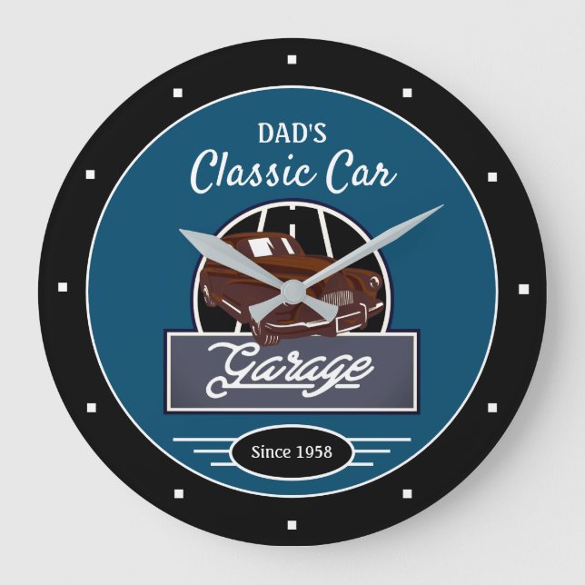 Garage Vater oder jeder Name Classic Car Garage Bl Große Wanduhr (Vorderseite)