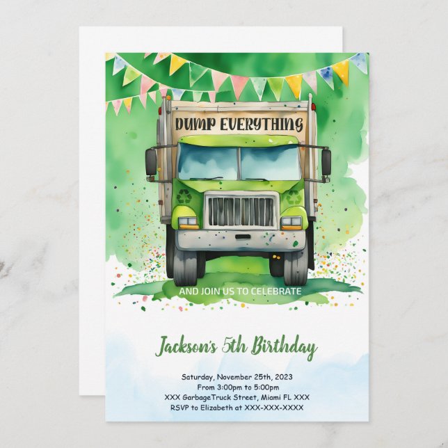 Garbage Truck Birthday Einladung (Vorne/Hinten)