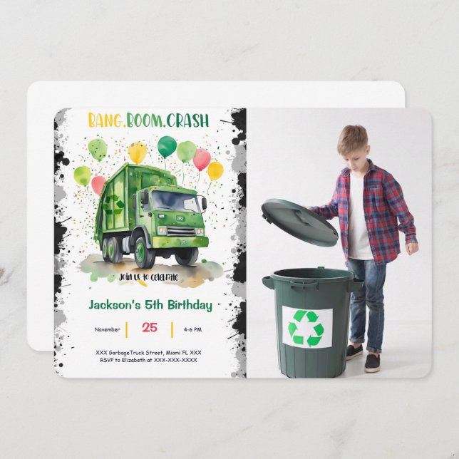 Garbage Truck Birthday Party Foto Einladung (Vorne/Hinten)