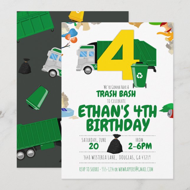 Garbage Truck Geburtstag, Garbage Truck 4. Geburts Einladung (Vorne/Hinten)