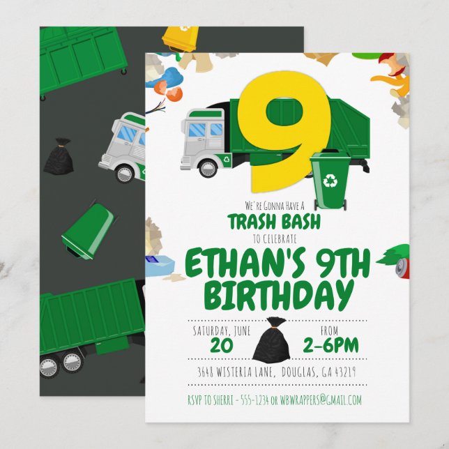 Garbage Truck Geburtstag, Garbage Truck 9. Geburts Einladung (Vorne/Hinten)