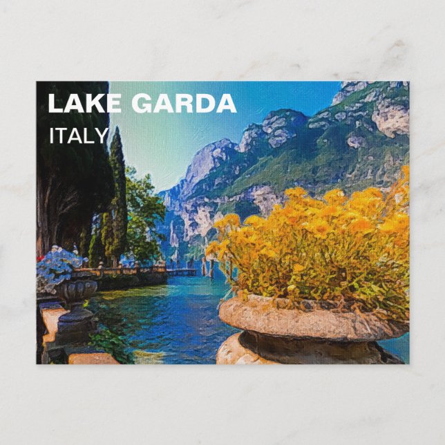 Gardasee & gelbe Blumen Ölgemälde Postkarte (Vorderseite)